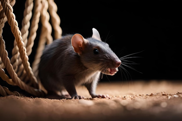 A rat sits on a rug in front of a rope.