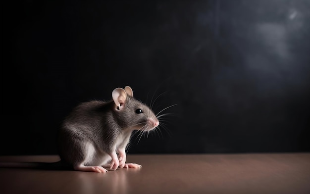 A rat sits on a table in front of a black background.