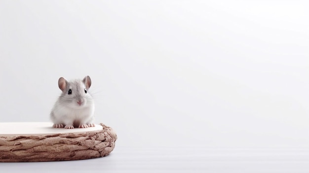 A rat sits on a wicker basket with a white mouse on it.