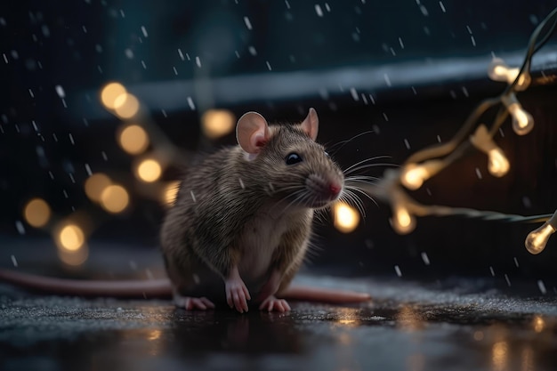 Rat staat op een besneeuwd dak en houdt een reeks kerstverlichting vast Genatieve AI