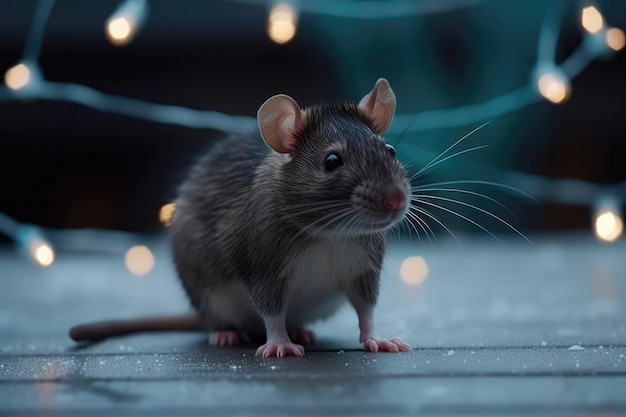 눈 덮인 지붕 위에 서서 크리스마스 불빛 줄을 들고 있는 쥐 생성 AI