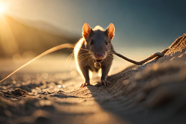 A rat walks on the sand with the sun behind it