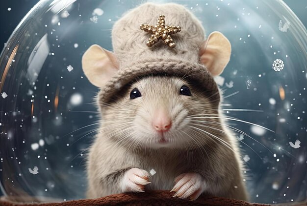 Photo a rat wearing a hat standing in the snow with snowflakes in the style of spherical sculptures