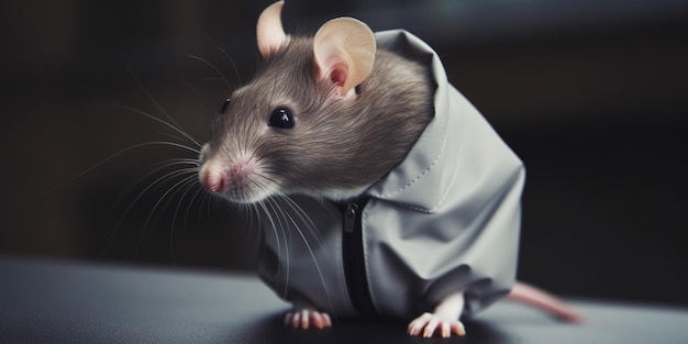 A rat wearing a hoodie with a gray mouse in it