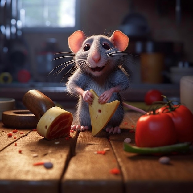 A rat with a big smile holds a piece of cheese.