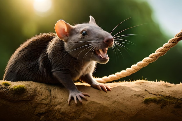 A rat with its mouth open on a rope