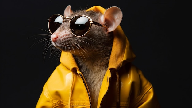 A rat in a yellow jacket and sunglasses