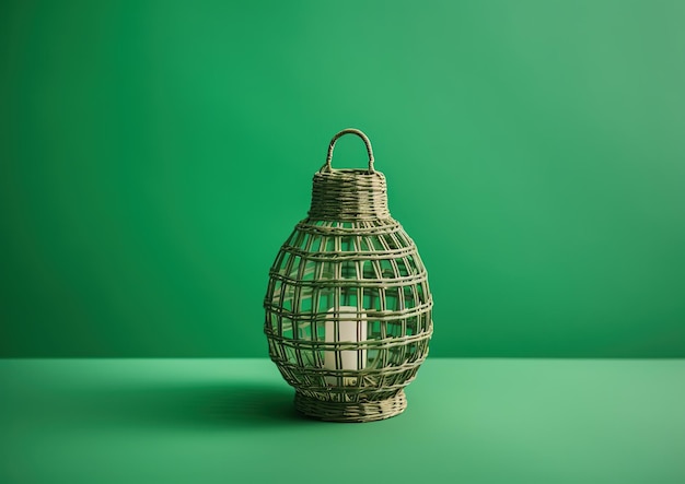 ratan woven lantern ramadan style minimalistic on green background