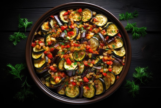 Foto ciotola di ratatouille fatta di melanzane, zucchine, pepe, cipolla e pomodoro