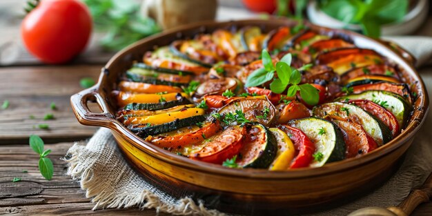 Фото ratatouille кастрюля на деревянной поверхности классическое провансальское веганское блюдо для меню или баннера