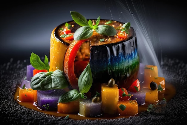 Рататуй Французское блюдо прованского происхождения с овощами, такими как баклажаны, кабачки, перец, лук и помидоры.
