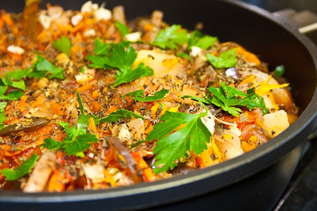 Ratatouille, hot vegetable stew in frying pan