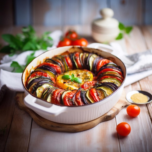 Ratatouille in ovenschaal met servet op witte houten achtergrond