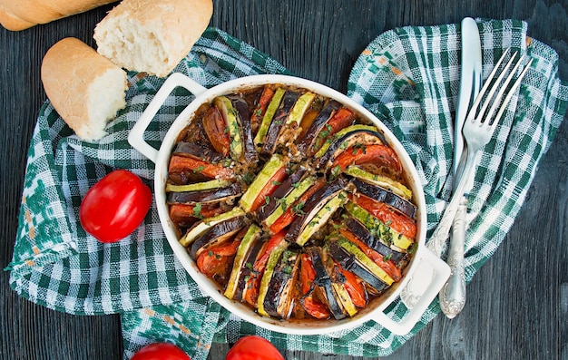 Ratatouille is a traditional french vegetable dish cooked in\
the oven diet vegetarian dish balanced nutrition eco food space for\
text