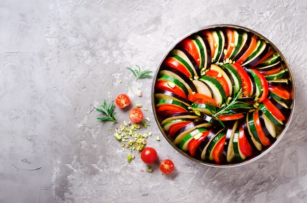 Ratatouille. Traditional homemade vegetable dish. Vegetarian vegan food.