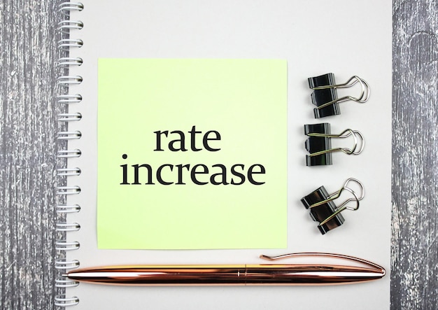 RATE INCREASE text acronym on a notepad with a pen Rate increase finance trading trade