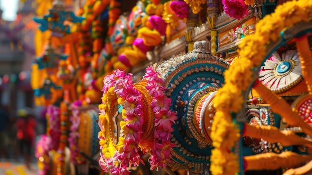 Ratha Yatra Lord Jagannath festival parade versierde wagens close-up straat carnaval processie gele marigolds