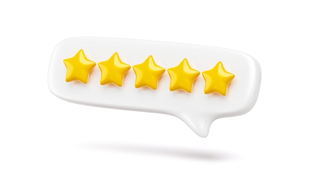 Foto valutazione recensione a cinque stelle miglior segno di qualità isolato su sfondo bianco 3d del simbolo del messaggio della bolla del tasso di classifica del successo o icona del feedback sull'esperienza del cliente e concetto di grado di servizio del prodotto eccellente