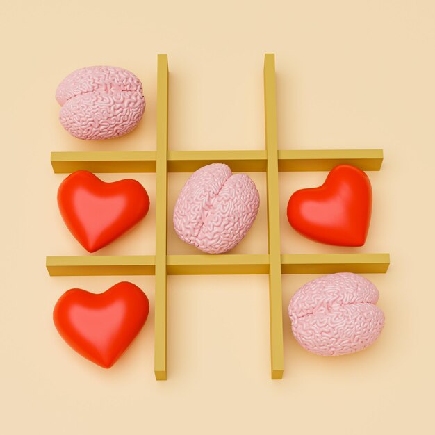 Rational thinking A game of tictactoe with heart and brain Logical thinking prevails 3d render