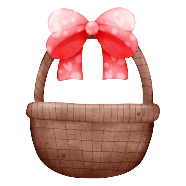 Photo rattan basket with fresh vivid pink bow tie watercolor isolated