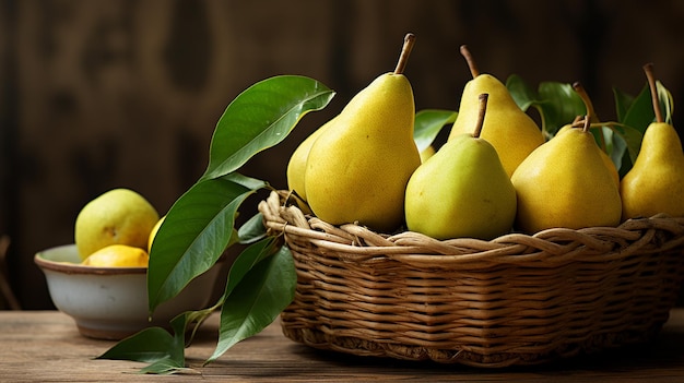 rattan basket with pears on wooden table