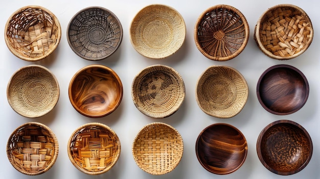 Rattan baskets collaged on white background