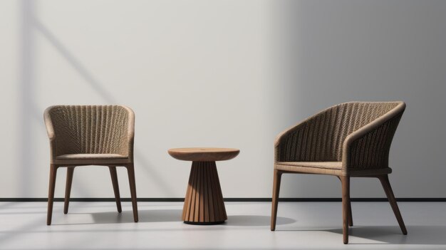 rattan chair set with table 3d print rendering and earth tone textural surface