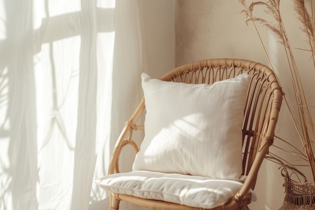 Rattan chair with white cushion in bohemian style living room Generative AI