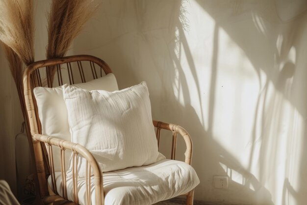 Photo rattan chair with white cushion in bohemian style living room generative ai