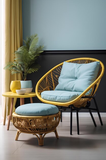 rattan chairs with blue cushions and wooden coffee table