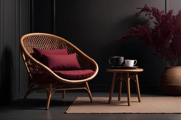 rattan chairs with maroon cushions and a wooden coffee table