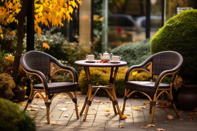 Rattan garden table and chairs set for two people on autumn garden background