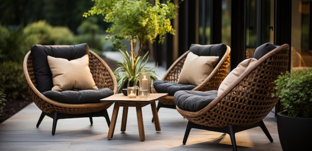 Photo rattan garden table and chairs set for two people in garden