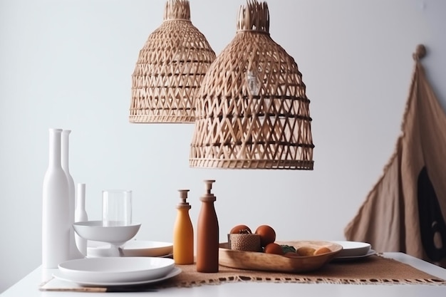 Rattan lamp kitchen beige room furniture table dining style decor Generative AI