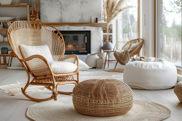 Rattan lounge chair wicker pouf Bohemian style interior