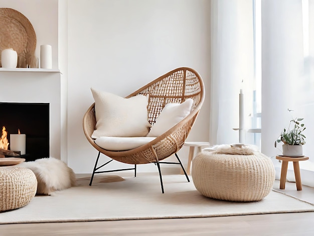 Rattan lounge chair wicker pouf and white sofa by fireplace Scandinavian hygge home interior des