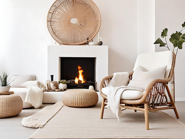 Rattan lounge stoel wicker pouf en witte bank bij de open haard Scandinavische hygge huis interieur des