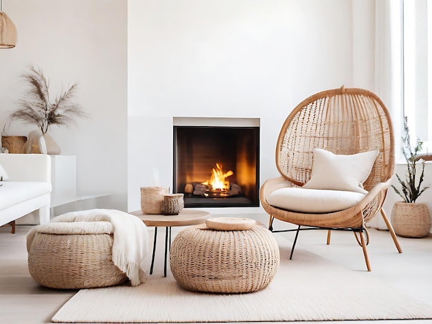Rattan lounge stoel wicker pouf en witte bank bij de open haard Scandinavische hygge huis interieur des