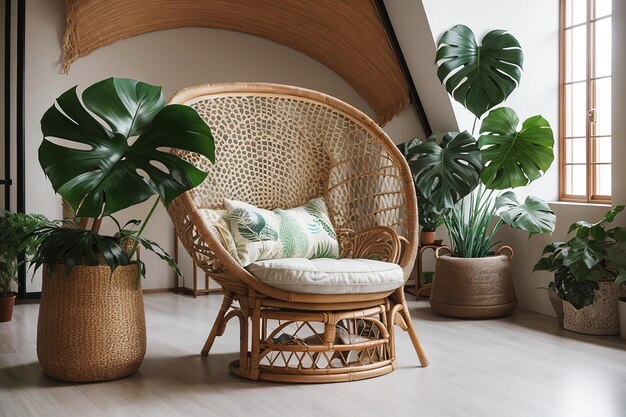 Foto sedia di pavone di rattan e grande pianta di monstera nella stanza del loft