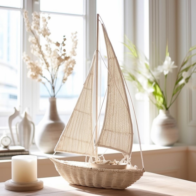 Rattan sailboat as decor in a bright room or apartment in a nautical style