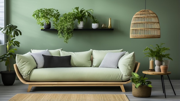 スカンジナビアのインテリアデザインの緑の壁を持つクッションと大きな植物のラッタンソファ