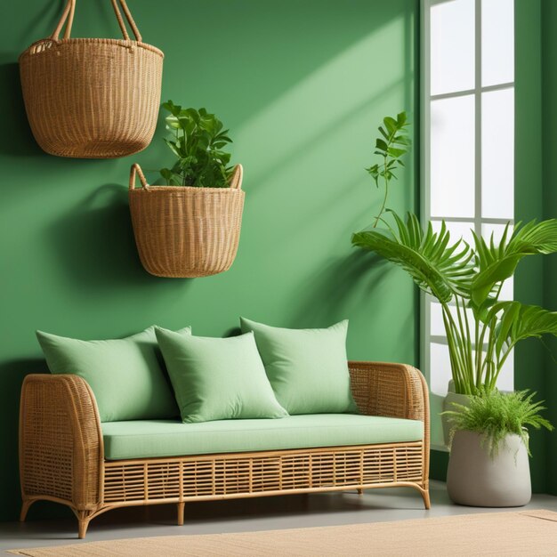 rattan sofa with light green cushions wicker basket