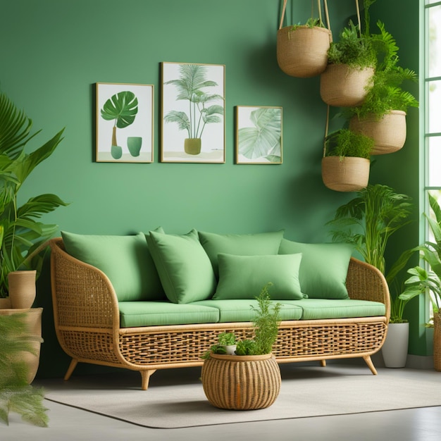 rattan sofa with light green cushions wicker basket