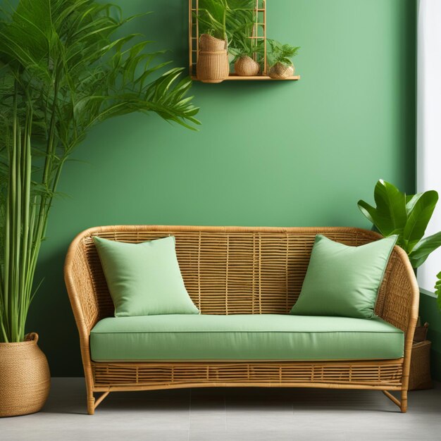 Photo rattan sofa with light green cushions wicker basket