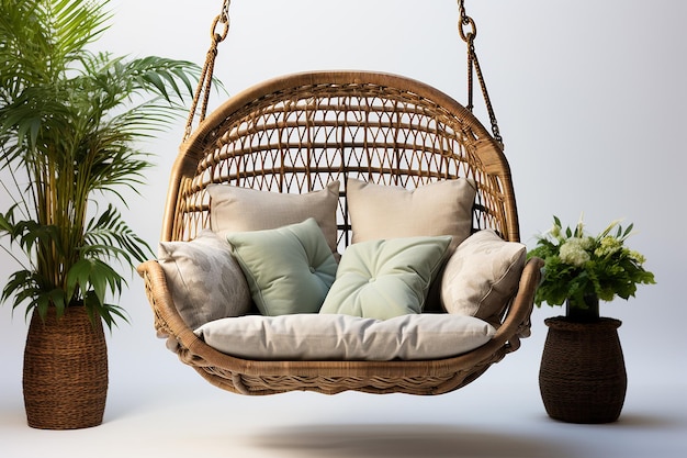 Rattan Wicker Garden Swing Chair with a Pillow Isolated