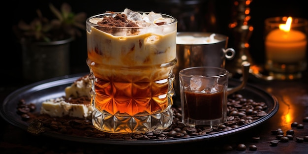 Rattlesnake alcoholic cocktail drink with coffee and cocoa liquor irish cream ground coffee and ice in glass dark bar counter background bar tools and bottles
