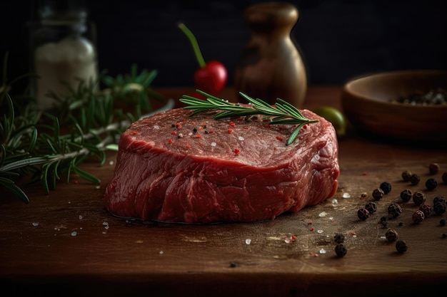 Rauw filetvlees rundvlees aan boord met peperkruiden en groene rozemarijn AI gegenereerd