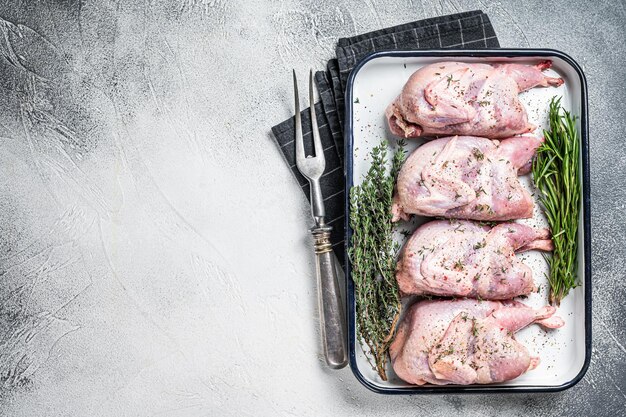 Rauw kwartelvlees met specerijen knoflook en kruiden klaar om te koken in ovenschaal Witte achtergrond Bovenaanzicht Kopieer ruimte