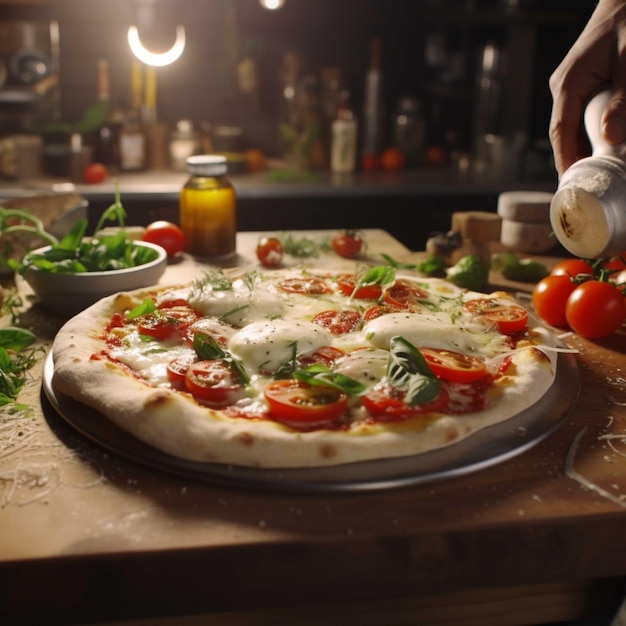 Rauw pizzadeeg op tafel in de keuken thuis Koken voedselconcept