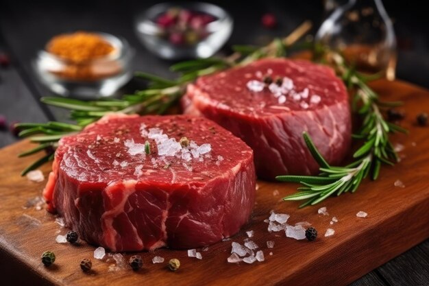 Foto rauw rundvlees filet mignon steak op een houten bord met paprika's en kruiden ai gegenereerd